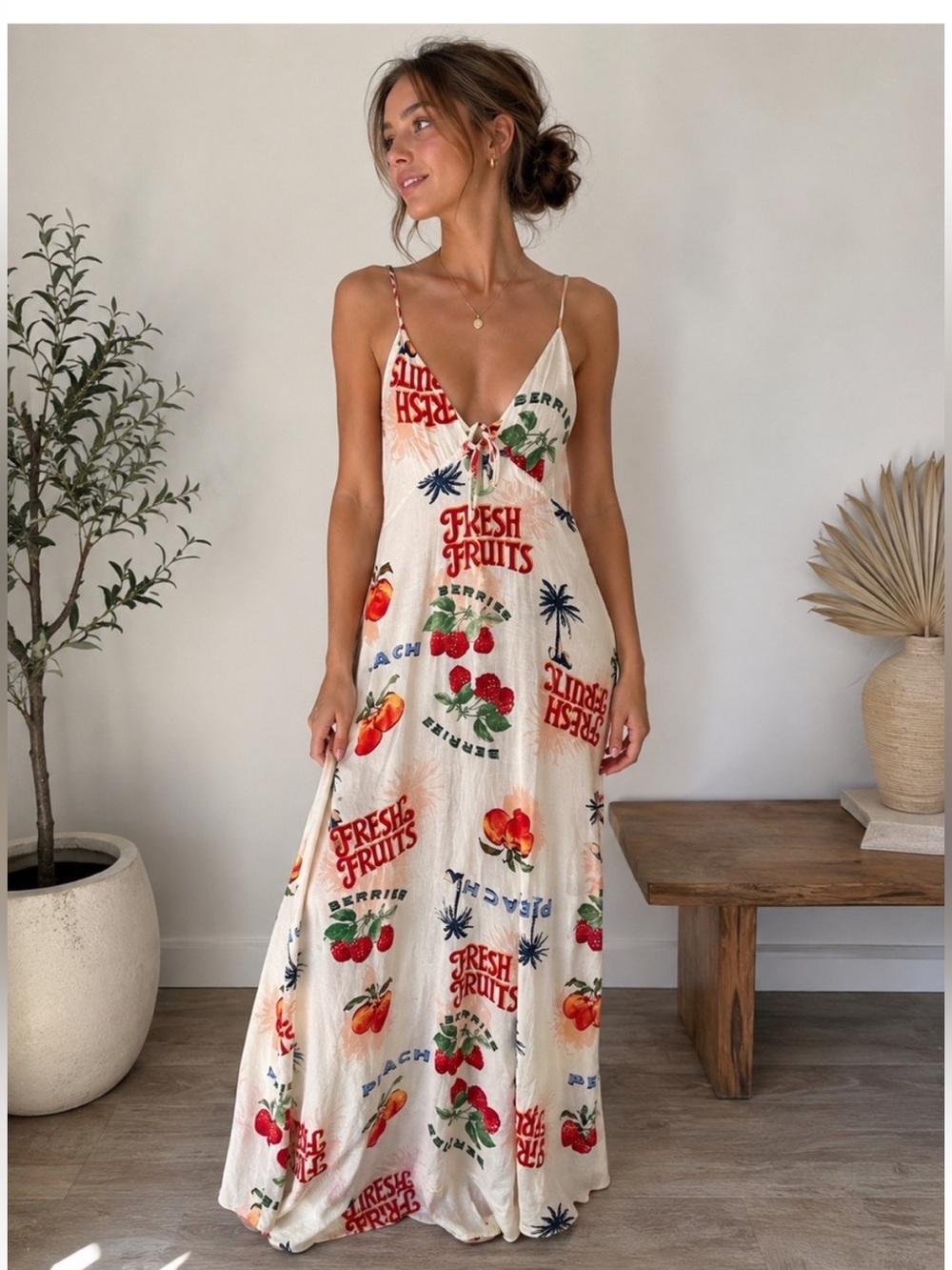 Paper Heart Cream Maxi Dress with Fresh Fruits Print Boho Vacation French L